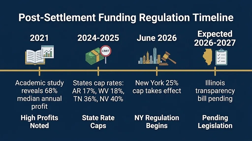 Post settlement funding regulation timeline showing state rate caps and New York 25% cap in 2026