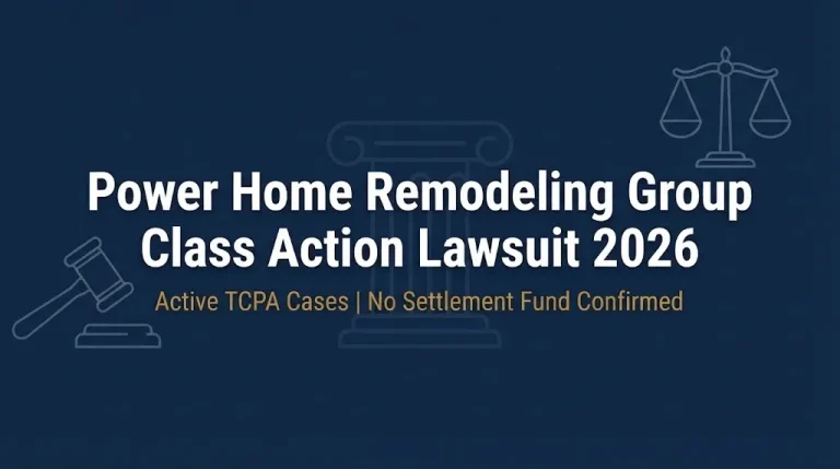 Power Home Remodeling Group class action lawsuit 2026 banner with TCPA case status and no settlement confirmed.