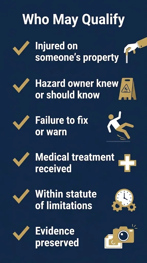 Premises liability settlement eligibility checklist for 2026 showing six criteria that may qualify a claim