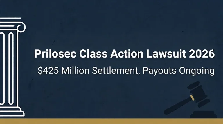 Prilosec class action lawsuit 2026 hero banner with $425 million settlement headline