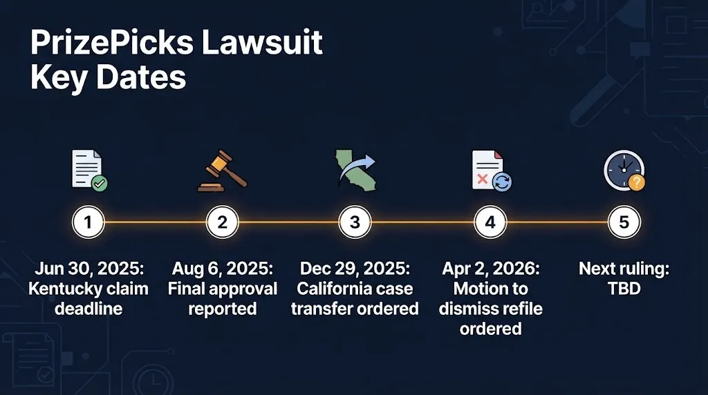 PrizePicks lawsuit timeline showing Kentucky deadline, final approval, Georgia transfer, and pending ruling