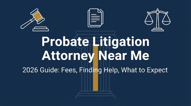 Probate litigation attorney near me 2026 guide banner with legal symbolism and fee information.
