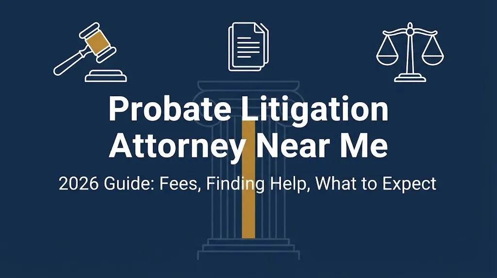 Probate litigation attorney near me 2026 guide banner with legal symbolism and fee information.