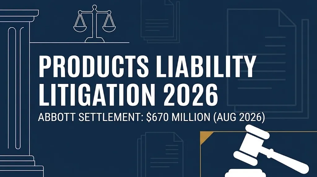 Products liability litigation 2026 banner with Abbott $670 million settlement subheading