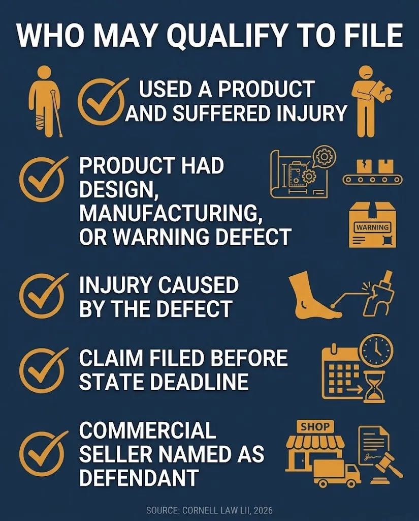Products liability litigation eligibility checklist 2026 showing who may qualify to file a claim
