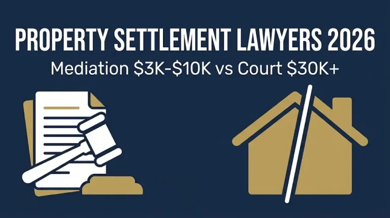 Property settlement lawyers 2026 banner comparing mediation and court costs for dividing assets.