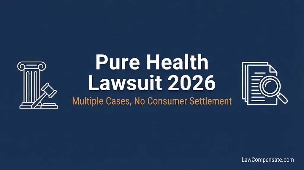 Pure Health lawsuit 2026 infographic showing multiple legal cases and no consumer settlement.