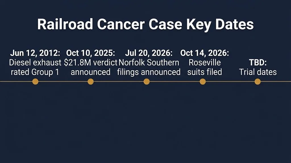 Railroad workers cancer lawsuit timeline 2012 diesel rating, 2025 verdict, July and October 2026 filings