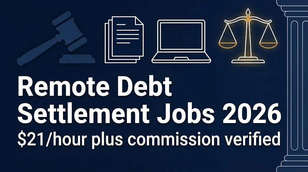 Remote debt settlement jobs 2026 banner showing verified pay of $21 per hour plus commission.