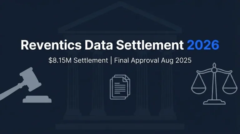 Reventics data settlement 2026 hero banner with gavel and scales imagery on navy background.