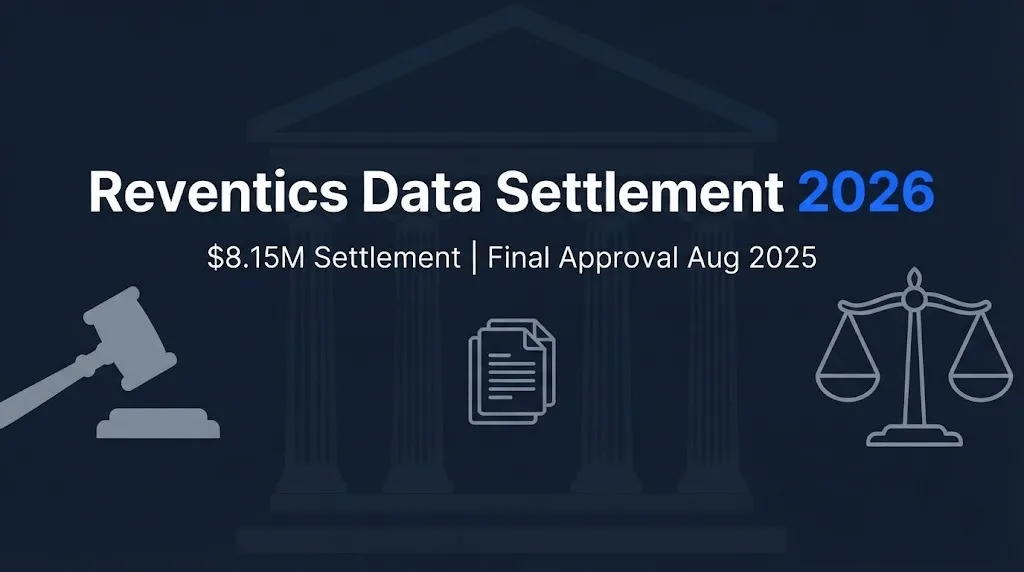Reventics data settlement 2026 hero banner with gavel and scales imagery on navy background.