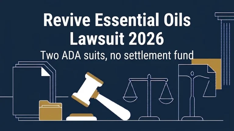 Revive Essential Oils lawsuit 2026 banner noting two ADA suits and no settlement fund.