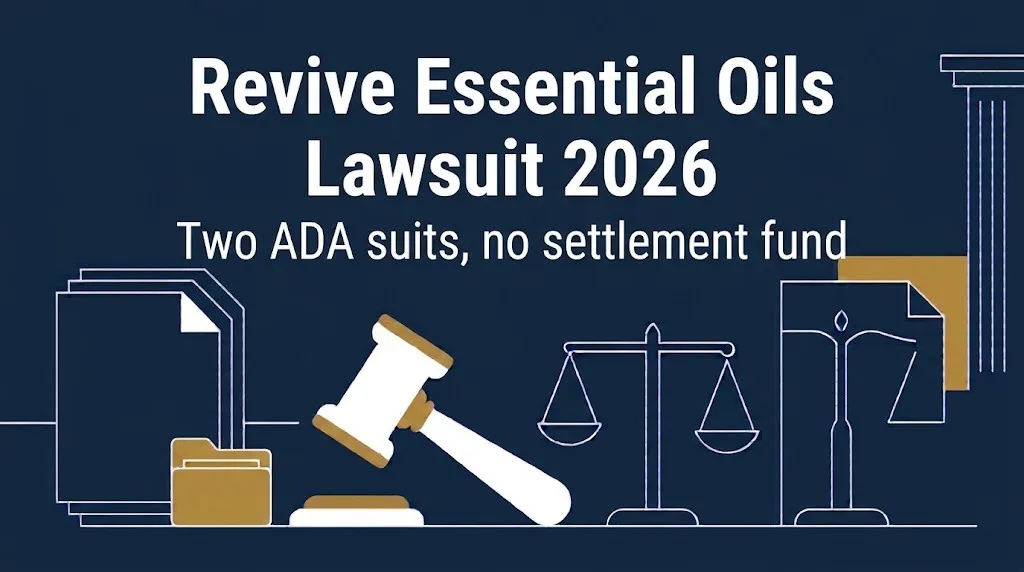 Revive Essential Oils lawsuit 2026 banner noting two ADA suits and no settlement fund.