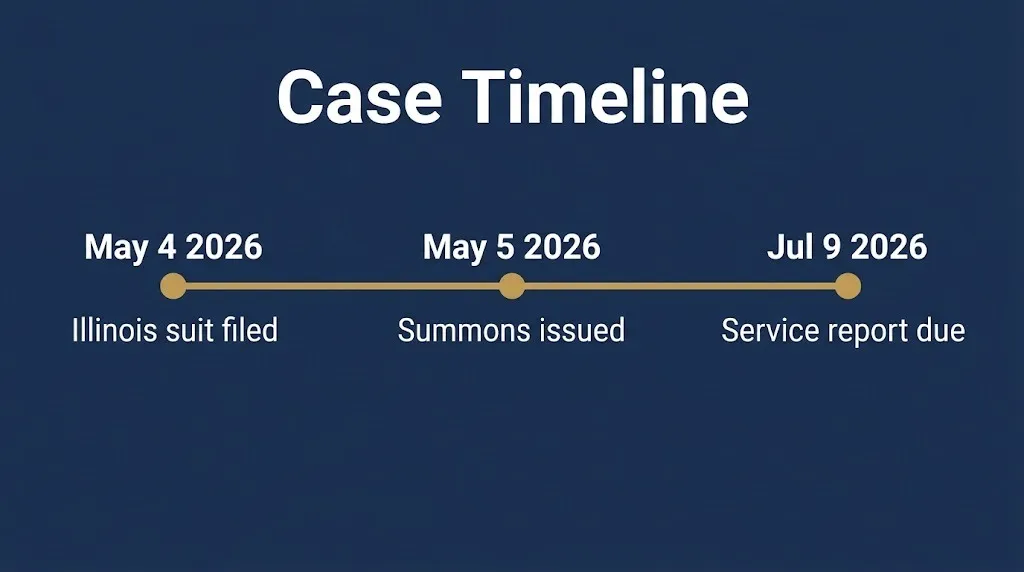 Revive Essential Oils lawsuit timeline Illinois suit filed, summons issued, service report due.