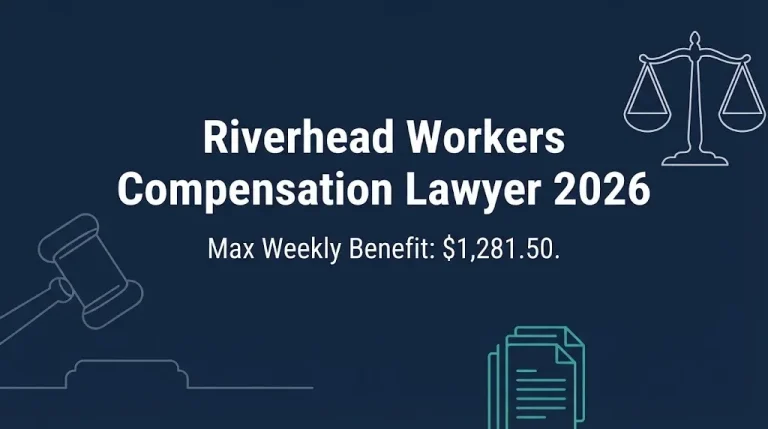 Riverhead workers compensation lawyer 2026 banner showing maximum weekly benefit of $1,281.50.