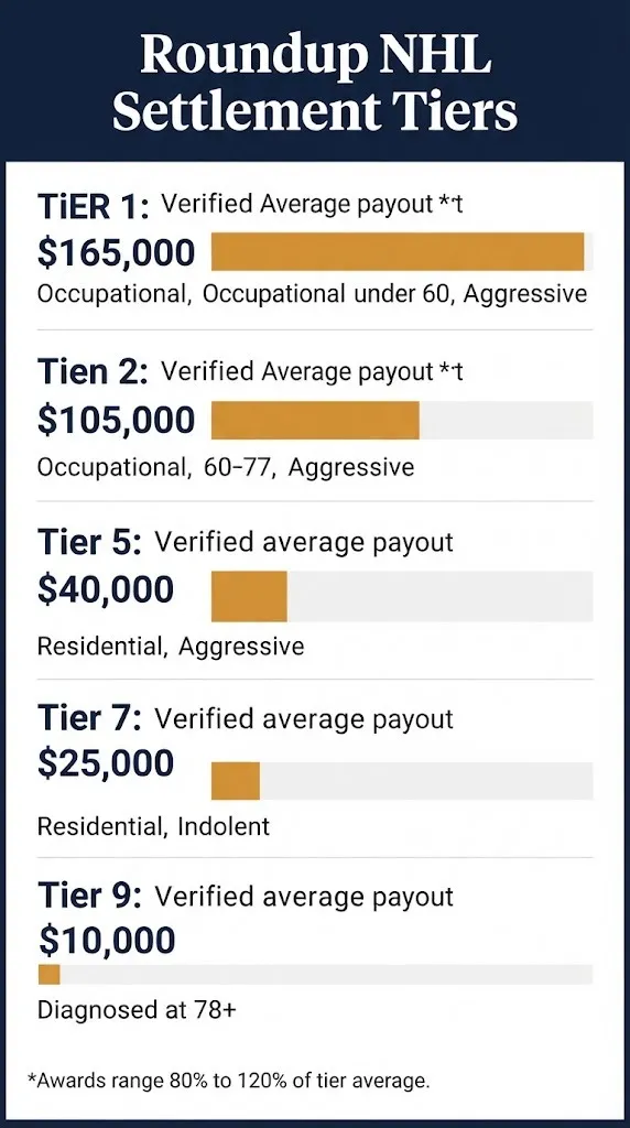 Roundup NHL settlement payout tiers chart showing $10,000 to $165,000 average awards by tier.