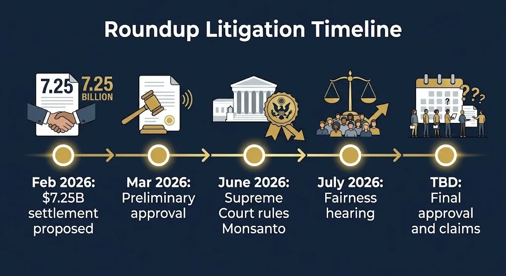 Roundup litigation timeline from 2026 settlement proposal to pending final approval.