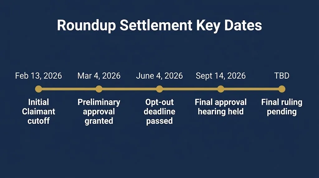 Roundup settlement timeline for St Louis class action case showing key 2026 dates and pending final approval