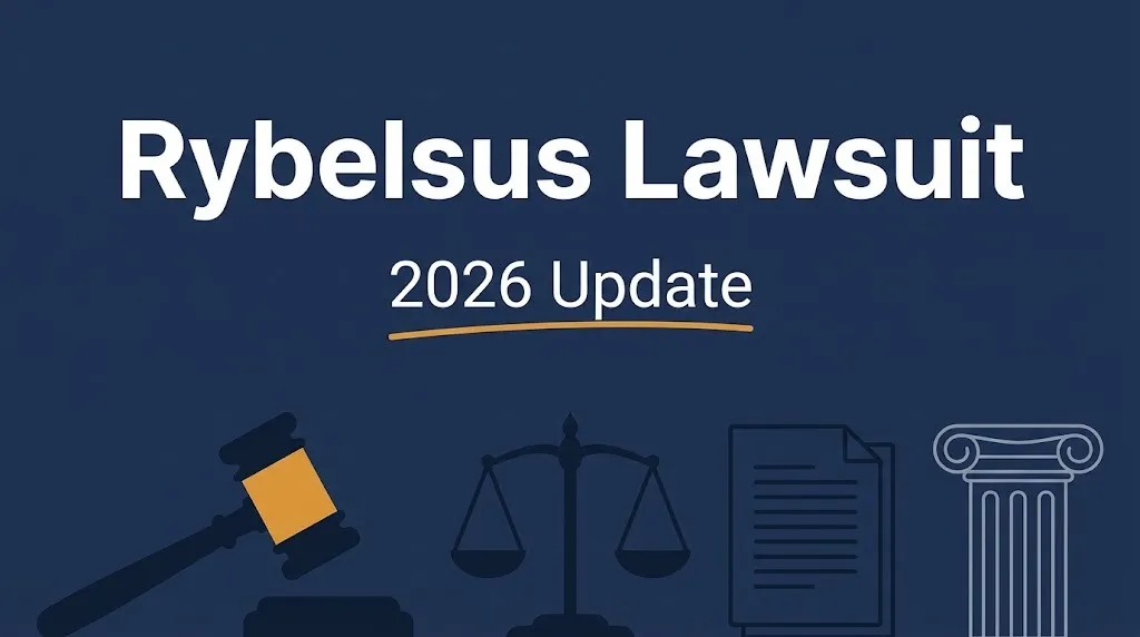 Rybelsus lawsuit 2026 update banner with gavel, scales, and courthouse column on a navy background