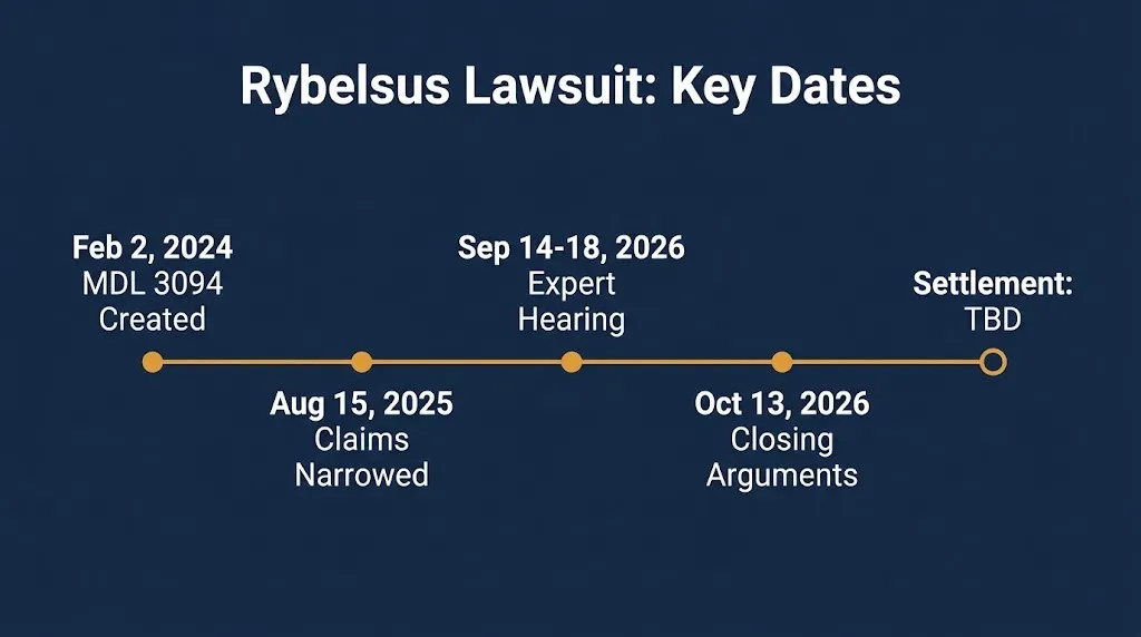 Rybelsus lawsuit timeline MDL created 2024, claims narrowed 2025, expert hearing September 2026, settlement TBD