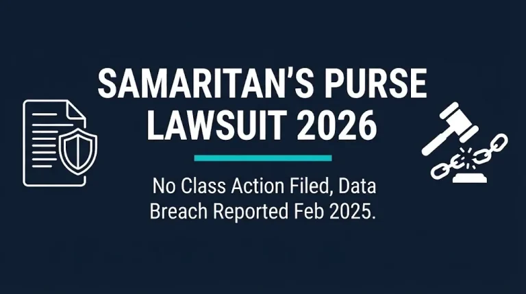 Samaritan's Purse lawsuit 2026 guide banner showing no class action filed and data breach date.