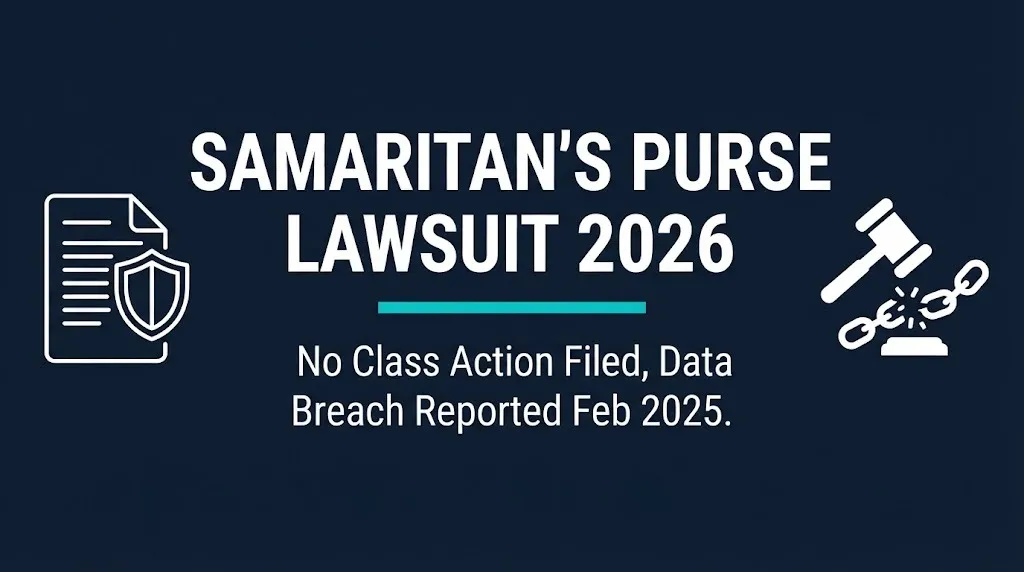 Samaritan's Purse lawsuit 2026 guide banner showing no class action filed and data breach date.