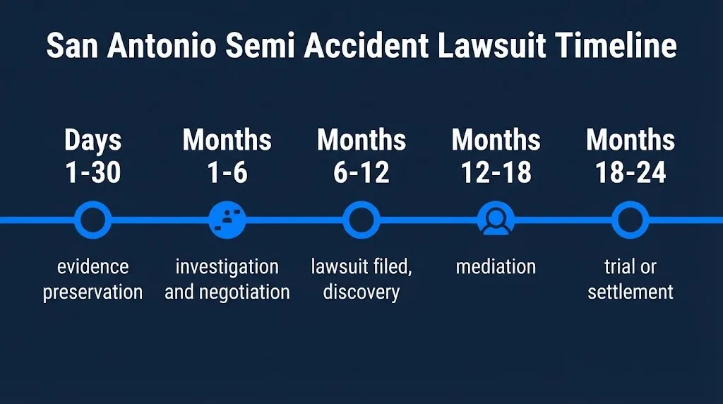 San Antonio semi accident lawsuit timeline graphic showing key milestones from evidence preservation through trial.