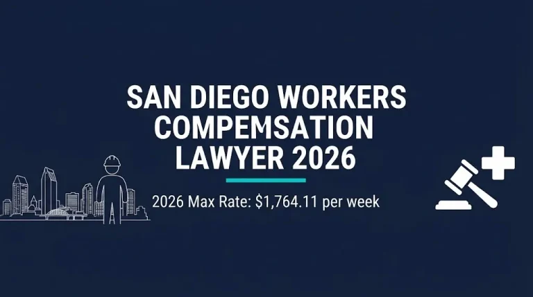 San Diego workers compensation lawyer 2026 guide banner showing California's 2026 maximum weekly benefit rate.