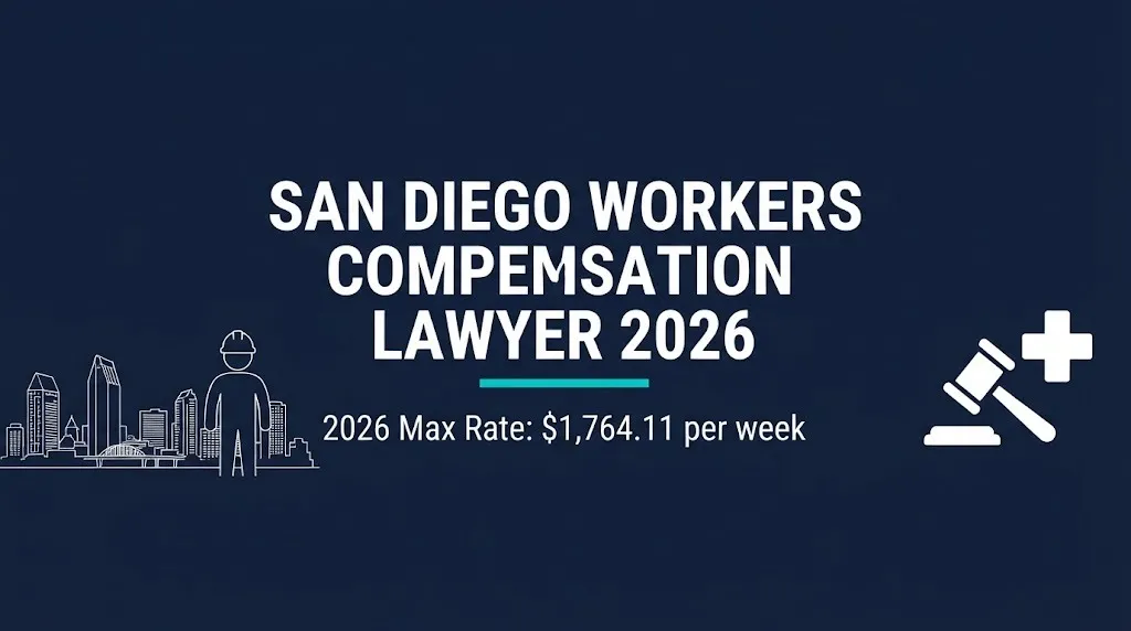 San Diego workers compensation lawyer 2026 guide banner showing California's 2026 maximum weekly benefit rate.