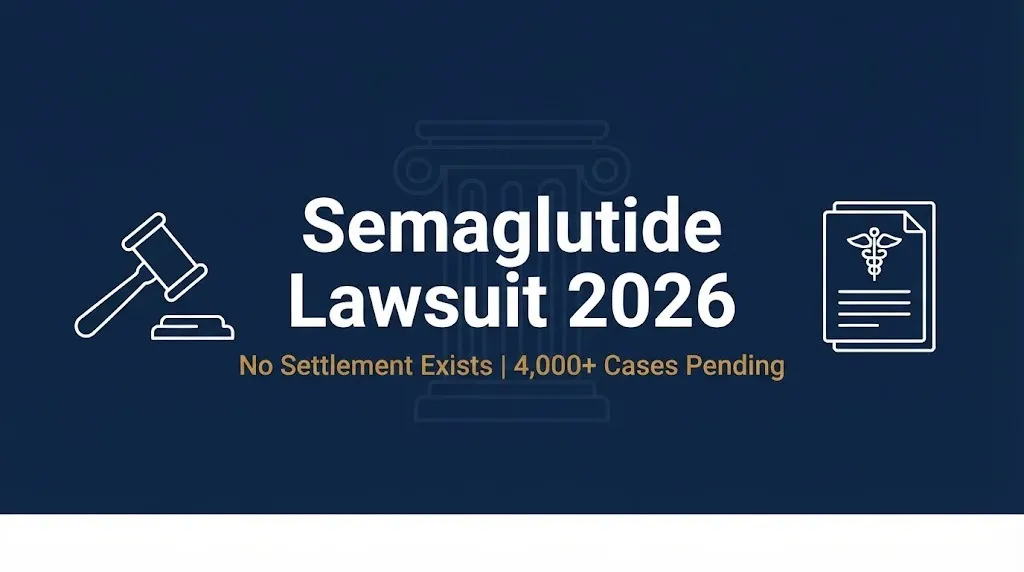 Semaglutide lawsuit 2026 banner showing no settlement exists and over 4,000 cases pending.