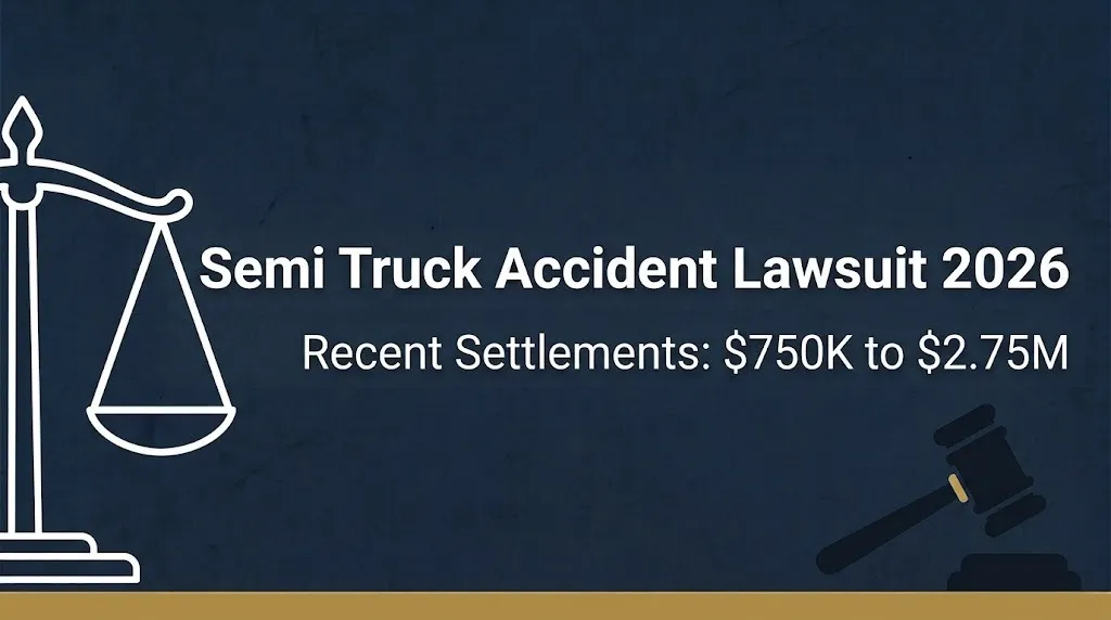 Semi truck accident lawsuit 2026 hero banner with recent settlement ranges