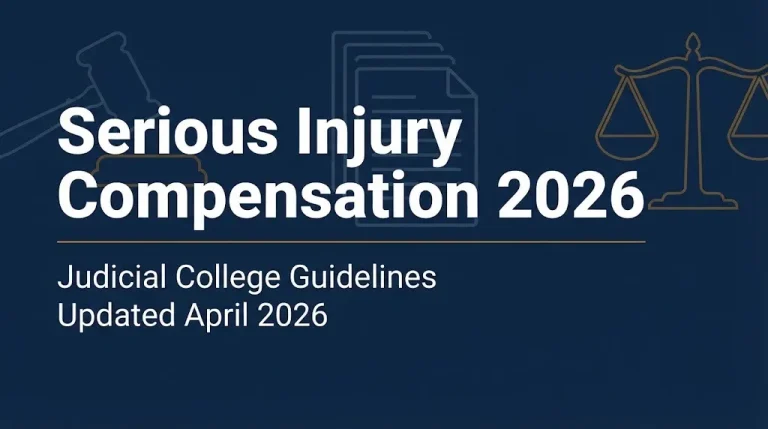 Serious injury compensation 2026 banner with updated Judicial College Guidelines text and legal imagery