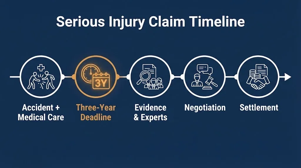 Serious injury compensation claim timeline from accident to three-year deadline to settlement