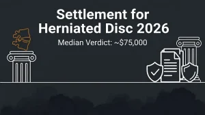 Settlement for herniated disc 2026 infographic showing median verdict of about $75,000 on navy background.