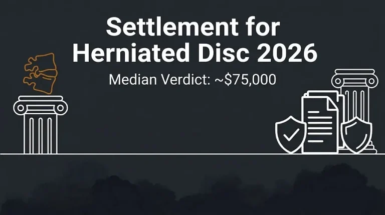Settlement for herniated disc 2026 infographic showing median verdict of about $75,000 on navy background.