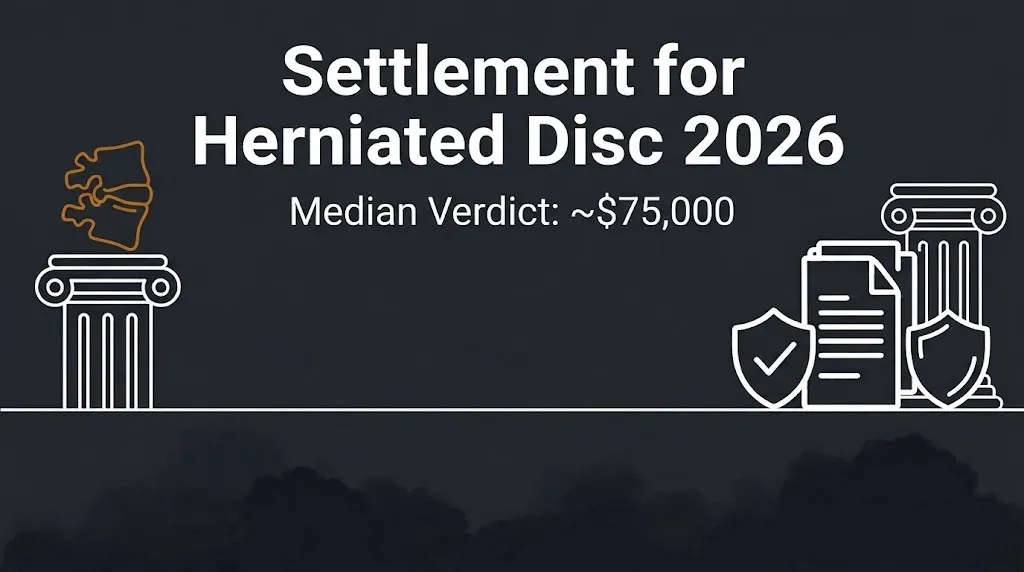 Settlement for herniated disc 2026 infographic showing median verdict of about $75,000 on navy background.