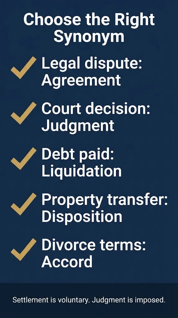Settlement synonym checklist for 2026 showing correct word by context legal, court, debt, property.
