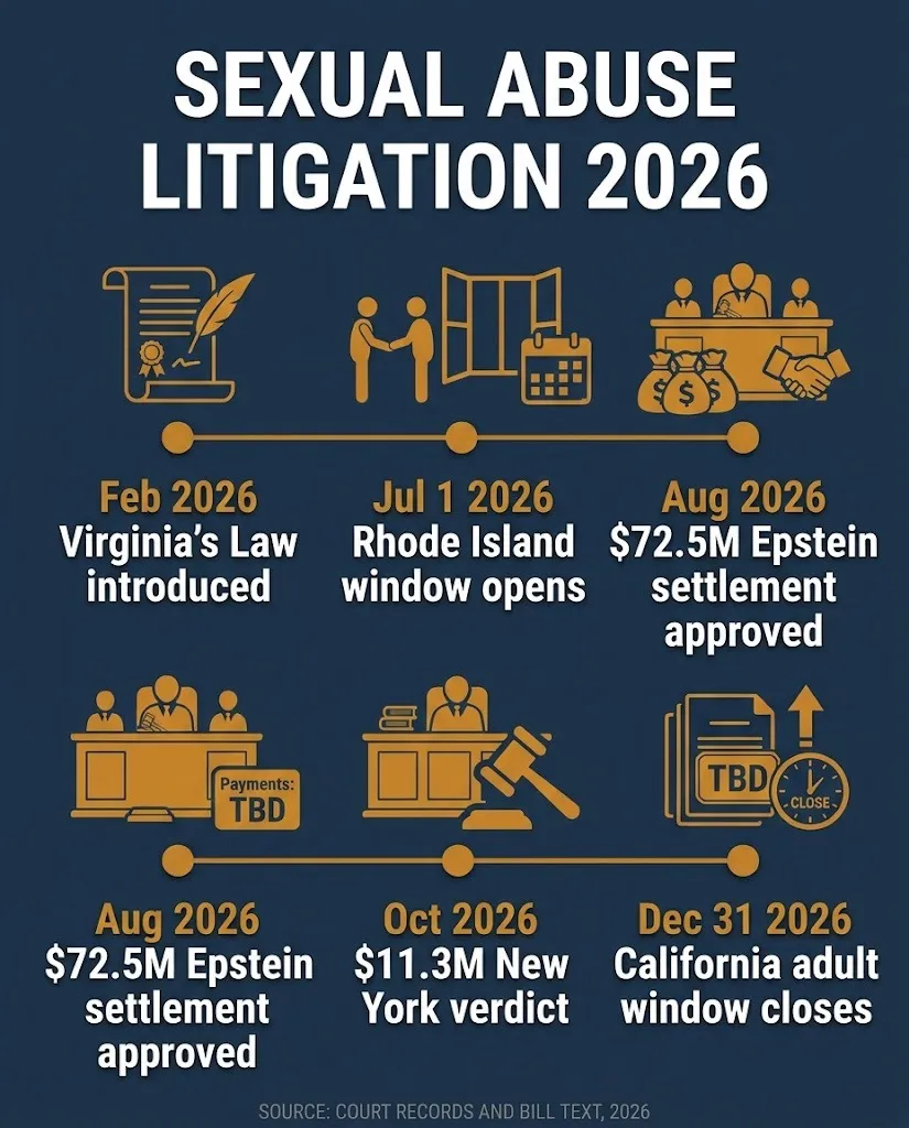 Sexual abuse lawsuit 2026 timeline showing key verdicts, revival windows, and legislation