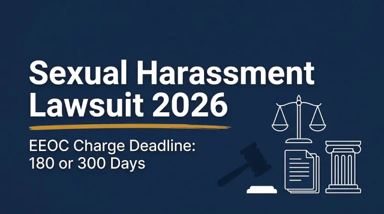 Sexual harassment lawsuit 2026 banner showing the EEOC filing window of 180 or 300 days