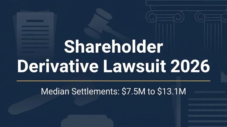Shareholder derivative lawsuit 2026 banner showing median settlements of $7.5M to $13.1M.