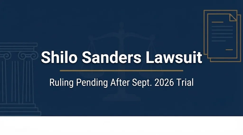 Shilo Sanders lawsuit banner with gavel and scales, noting a ruling pending after the September 2026 bankruptcy trial