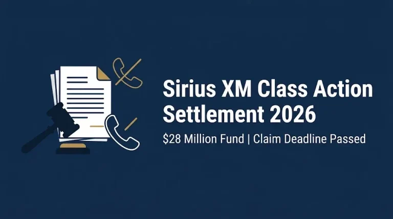Sirius XM class action settlement 2026 banner showing $28 million fund and passed claim deadline.
