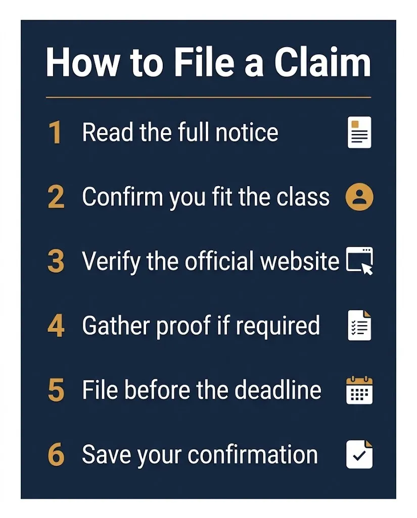 Six-step checklist on how to file a class action claim, from reading the notice to saving your confirmation