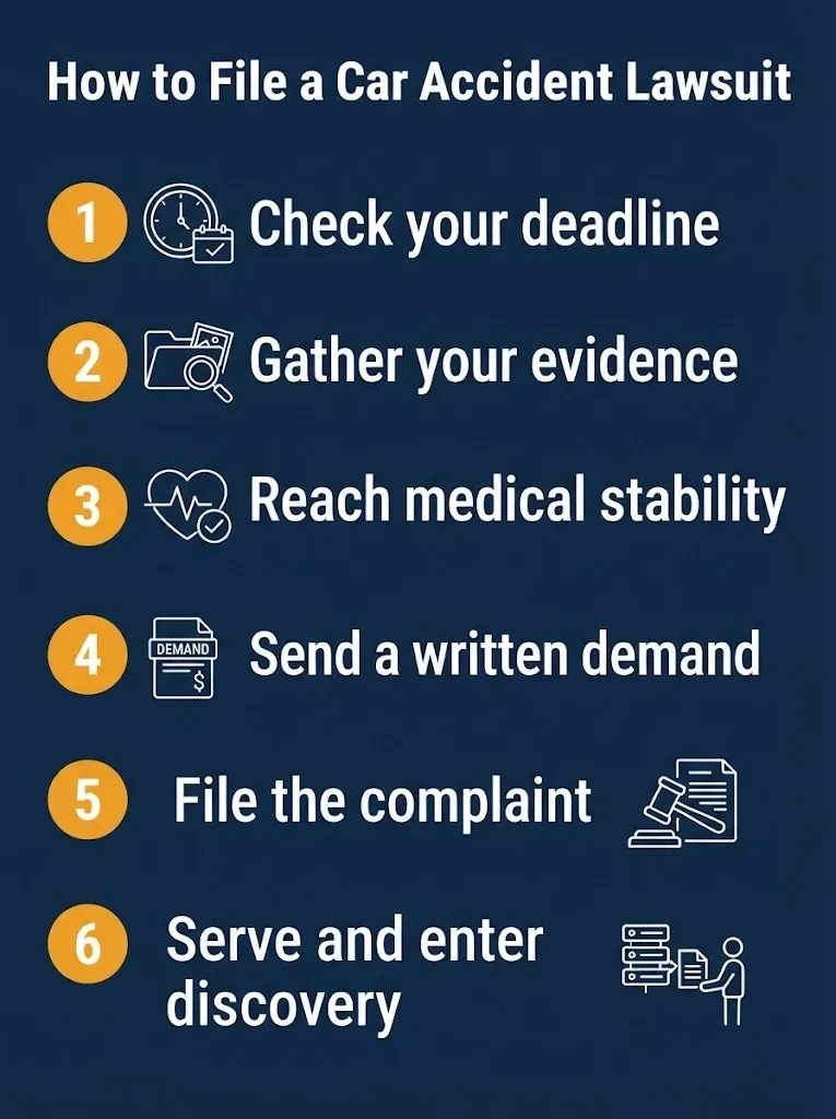 Six-step graphic showing how to file a car accident lawsuit, from checking the deadline to discovery.