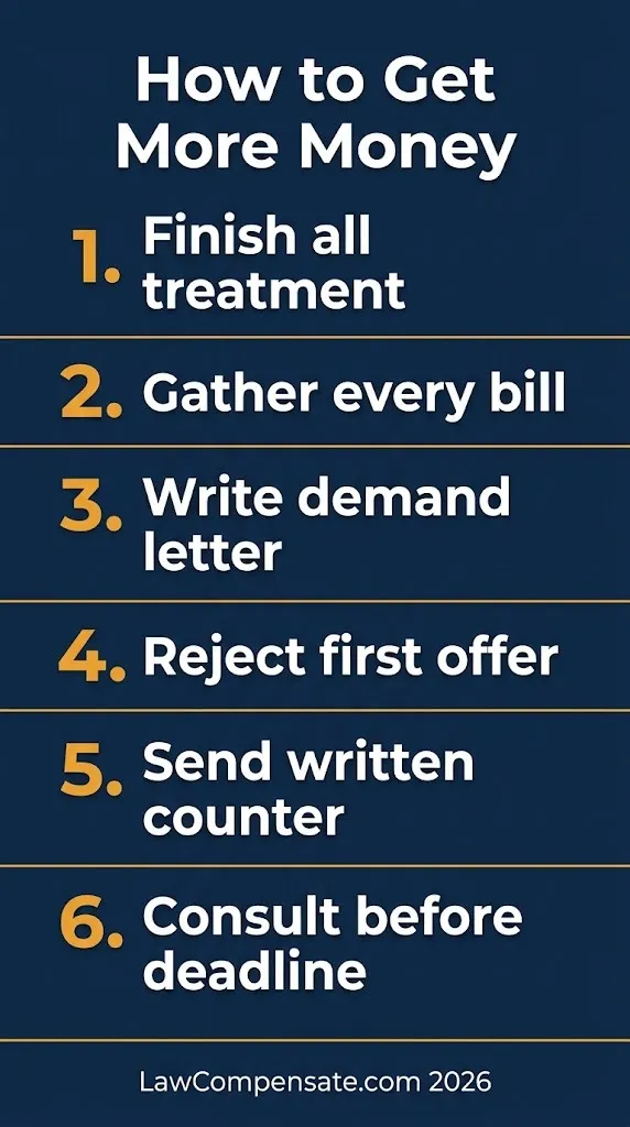 Six-step graphic showing how to get more money from a car accident settlement.