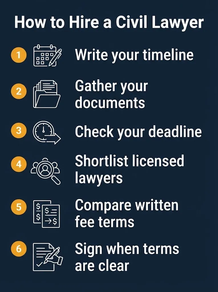 Six-step graphic showing how to hire a civil lawsuit lawyer, from writing a timeline to signing a fee agreement.