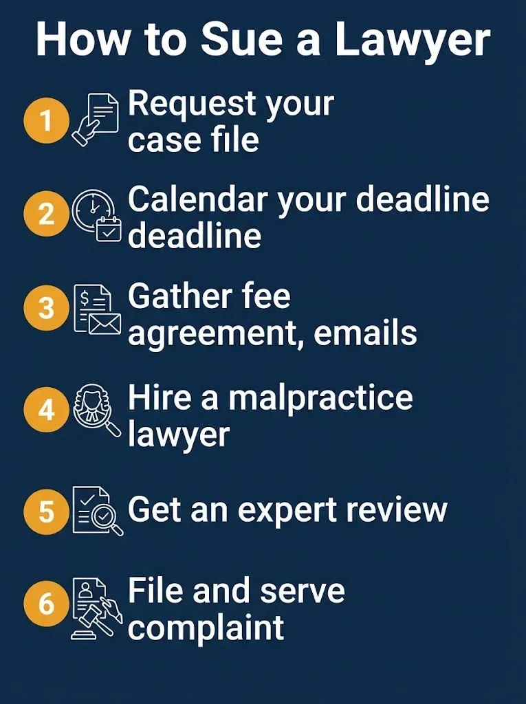 Six-step graphic showing how to sue a lawyer, from requesting the case file to filing the complaint.