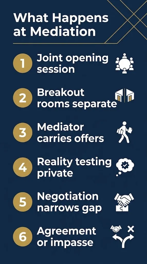 Six steps of personal injury mediation process from joint session to agreement or impasse.