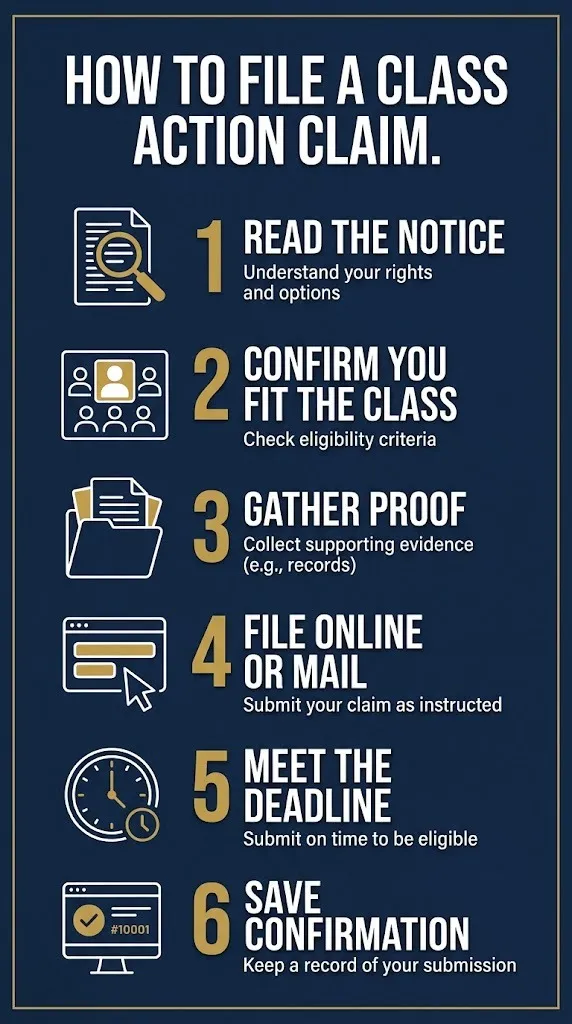 Six steps to file a class action claim including reading notice, gathering proof, and meeting deadline.