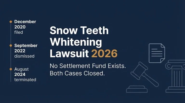 Snow Teeth Whitening lawsuit 2026 timeline showing both class actions closed with no settlement fund.